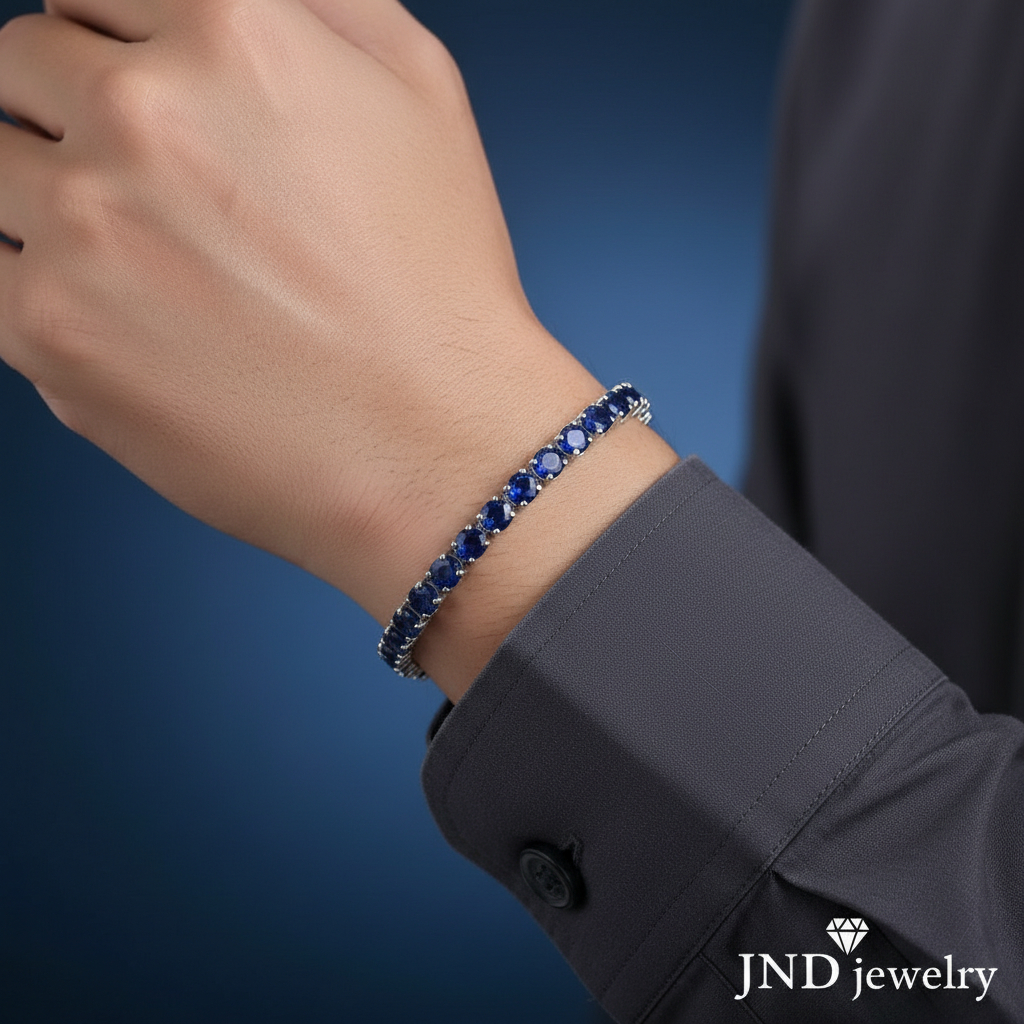 Gelang Blue Safir Asli Pria & Wanita Lapis Emas | Gelang Suasa Original Elegan Mewah | Bisa Custom |