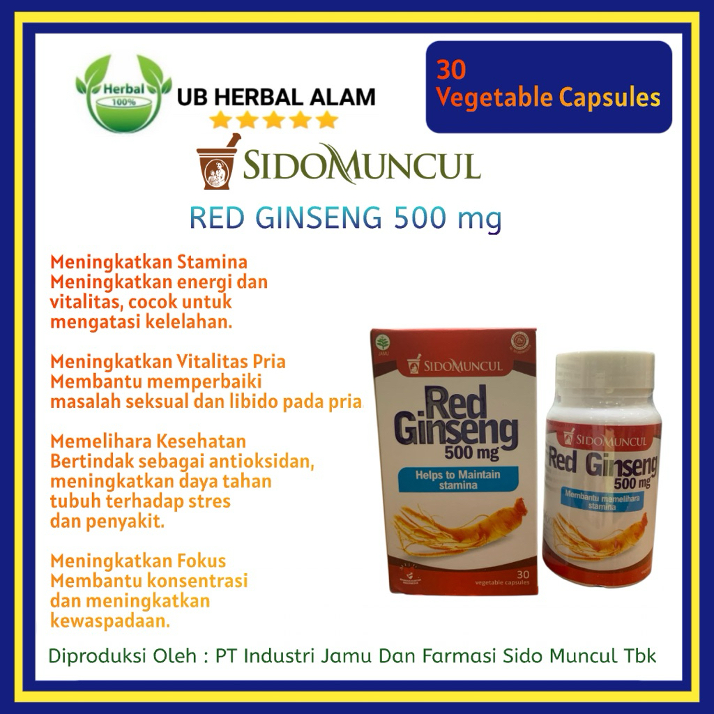 Sidomuncul Red Ginseng 500mg 30 Vegetable Capsules Stamina