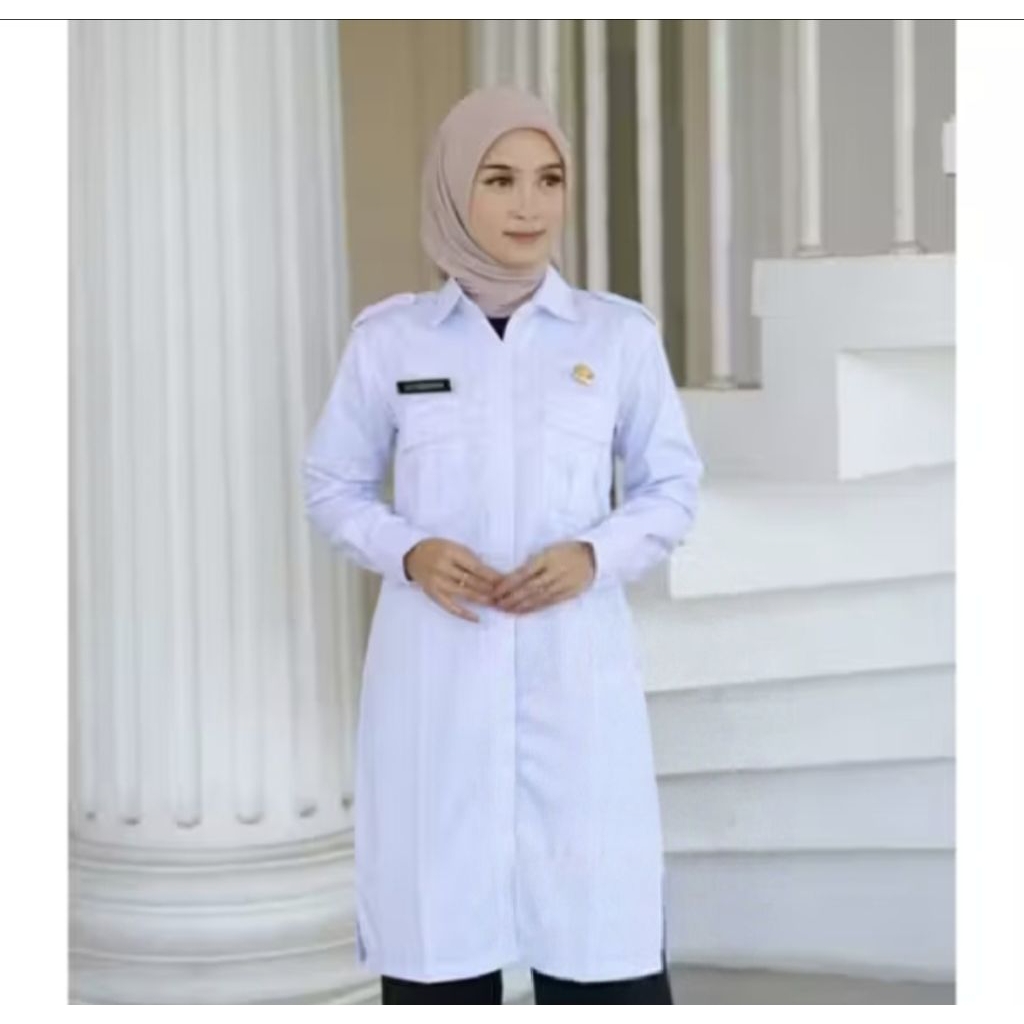 TUNIK PDH wanita putih polos ,bahan American drill tebal adem dan halus