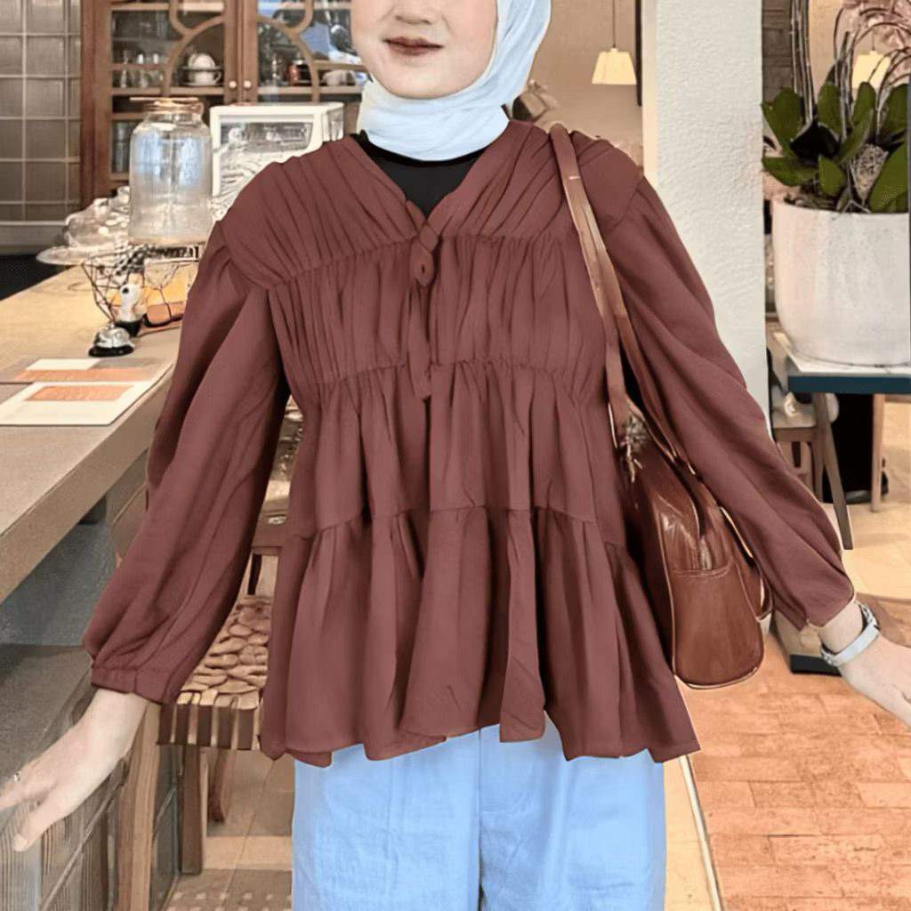 Mireya Blouse Kerut Rayon Twill Atasan Wanita Polos Kerut Dada