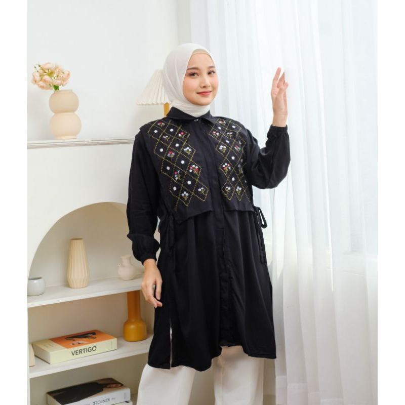 Baju Tunik Shavia Tunik Bordir Rayon Twill Motif Rompi Atasan Wanita Muslim Panjang