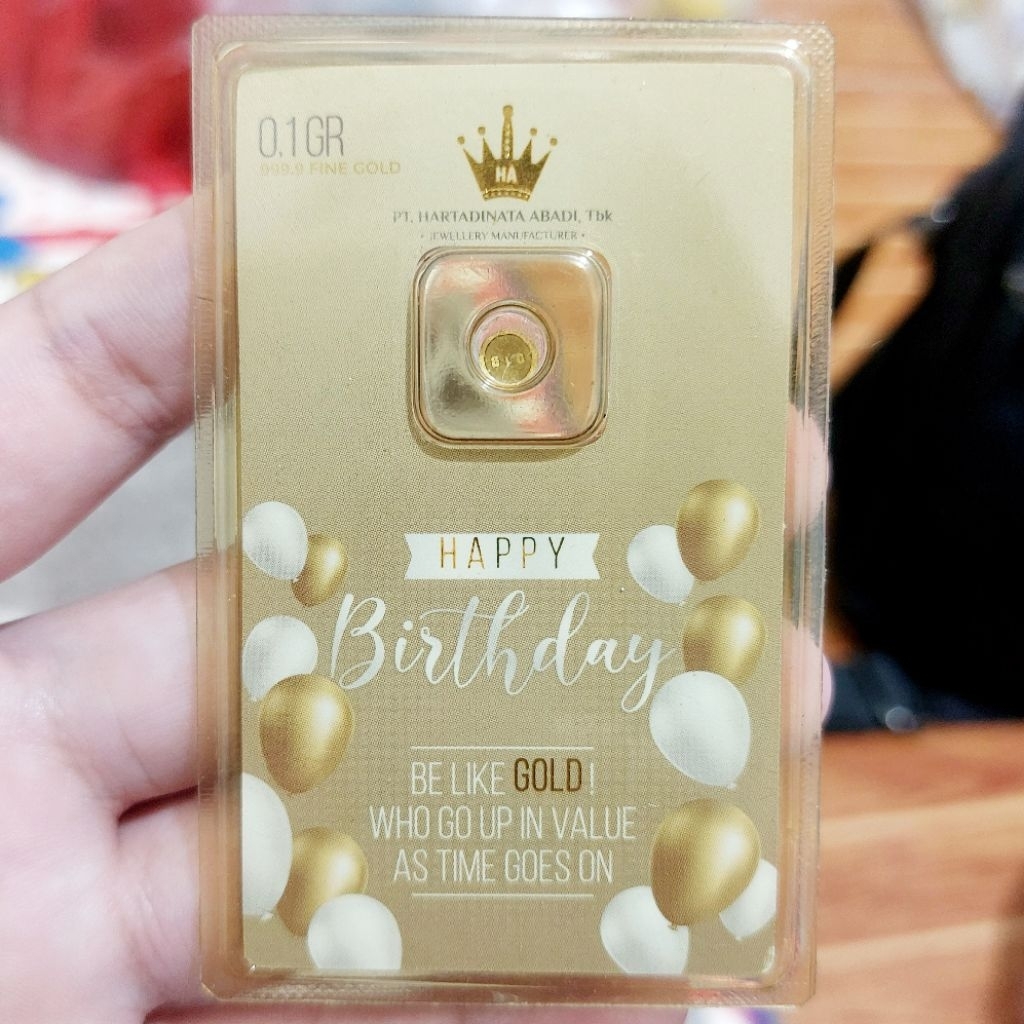 EMAS 0.1 GRAM KADO HADIAH ULANG TAHUN GAMBAR BALON BACKGROUND WARNA UCAPAN HAPPY BIRTHDAY 0,1 untuk 