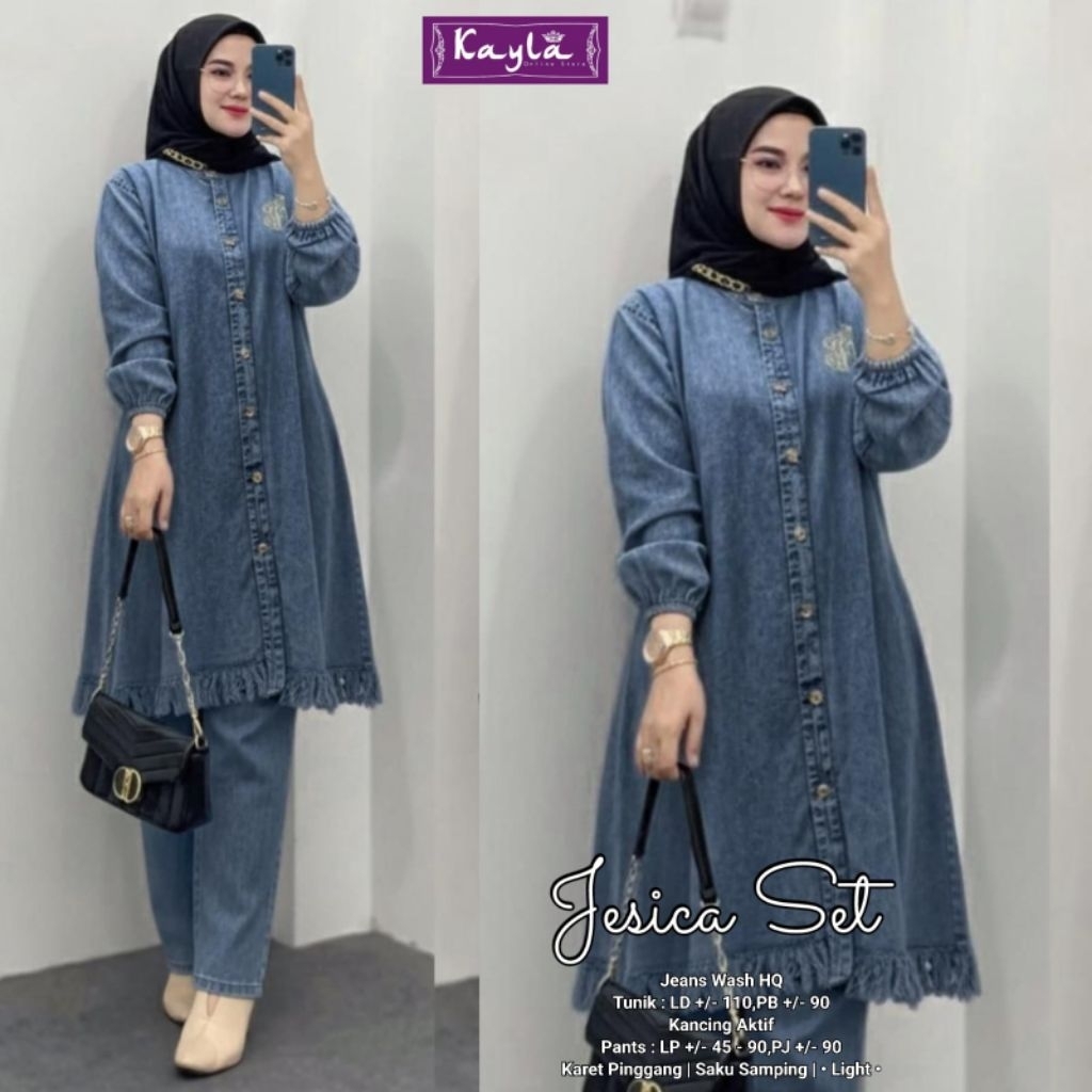 jesica set tunik mix celana jeans by Kayla - Setelan Wanita Tisani set daily by meisa - setelan cela