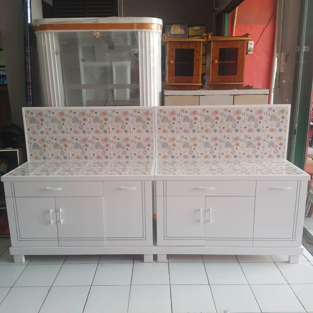 MEJA KOMPOR DAPUR KAYU 3 PINTU DGN RAK PIRING TOP TABLE KERAMIK ANTI PANAS ( BISA CUSTOM )