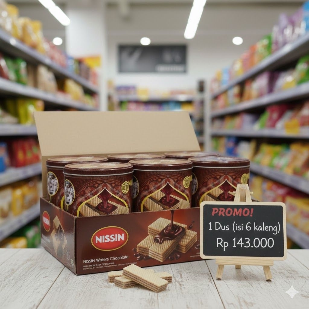 Nissin Wafer Chocolate 233g Rp143.000 / karton (isi 6 kaleng)
