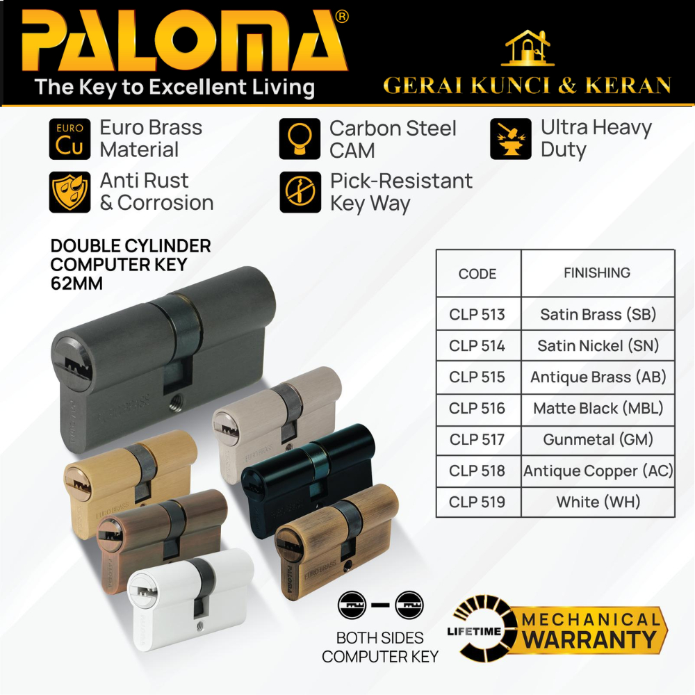 Promo Paloma Clp 513 514 515 516 517 518 519 Double Cylinder Kunci Pintu Rumah Deluxe Dc-Ck 62Mm