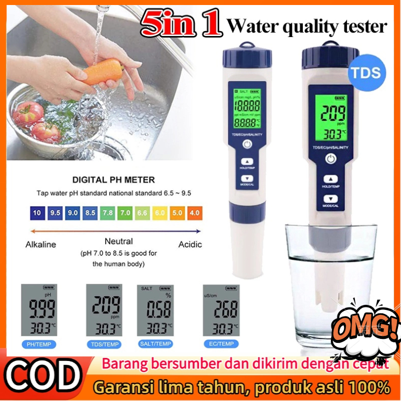 (COD/Gratis Ongkir)Asli Model terbaru 2026 5 In 1 PH Meter Water Quality Tester PH/EC/TDS/Salinity/T