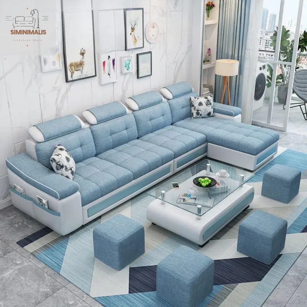 Sofa Ruang Tamu Minimalis Model L 4 Seater Bisa Custom Kombinasi Kulit dan Kain Kualitas Terbaik