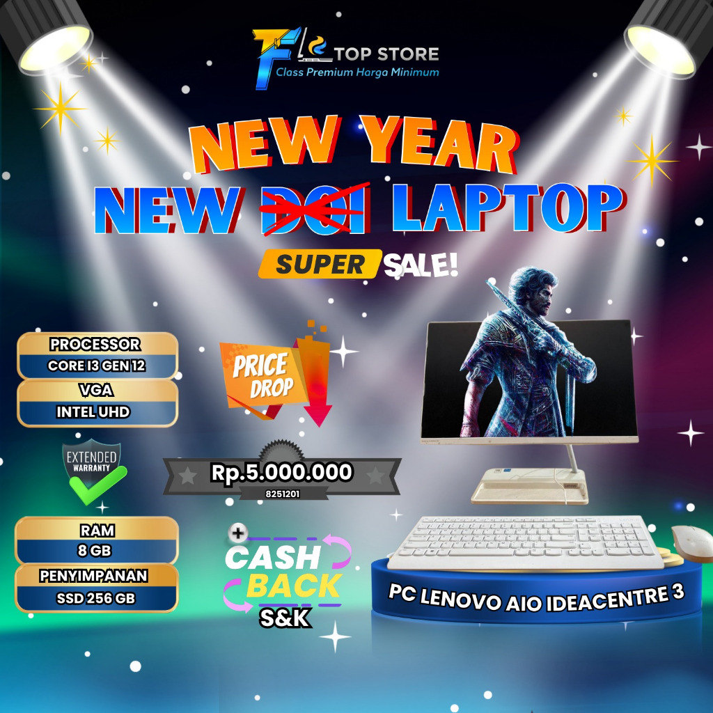 PC LENOVO ALL IN ONE IDEACENTRE 3 22IAP7 INTEL CORE I3 GEN 12 TH SSD 256/8GB+KEYBOARD+MOUSE ORI-GARA