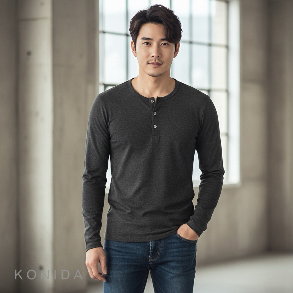 Kaos Henley Lengan Panjang Kaos Kancing Pria Lengan Panjang Dewasa