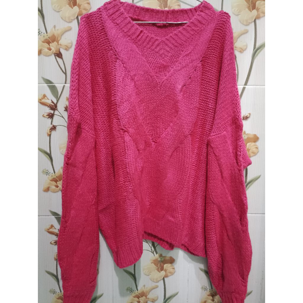 Sweater Oversize Cable Knit Pink Fuschia