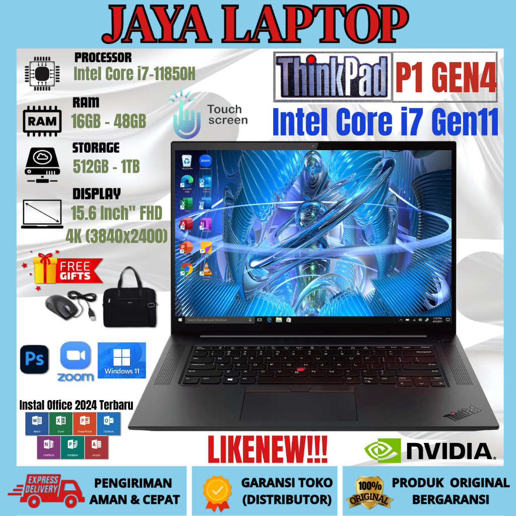 LAPTOP LENOVO P1 G4 Core i7 Gen11 TOUCHSCREEN NVIDIA T1200 LAPTOP CPU RAM 64GB / SSD 1TB SPEK TINGGI