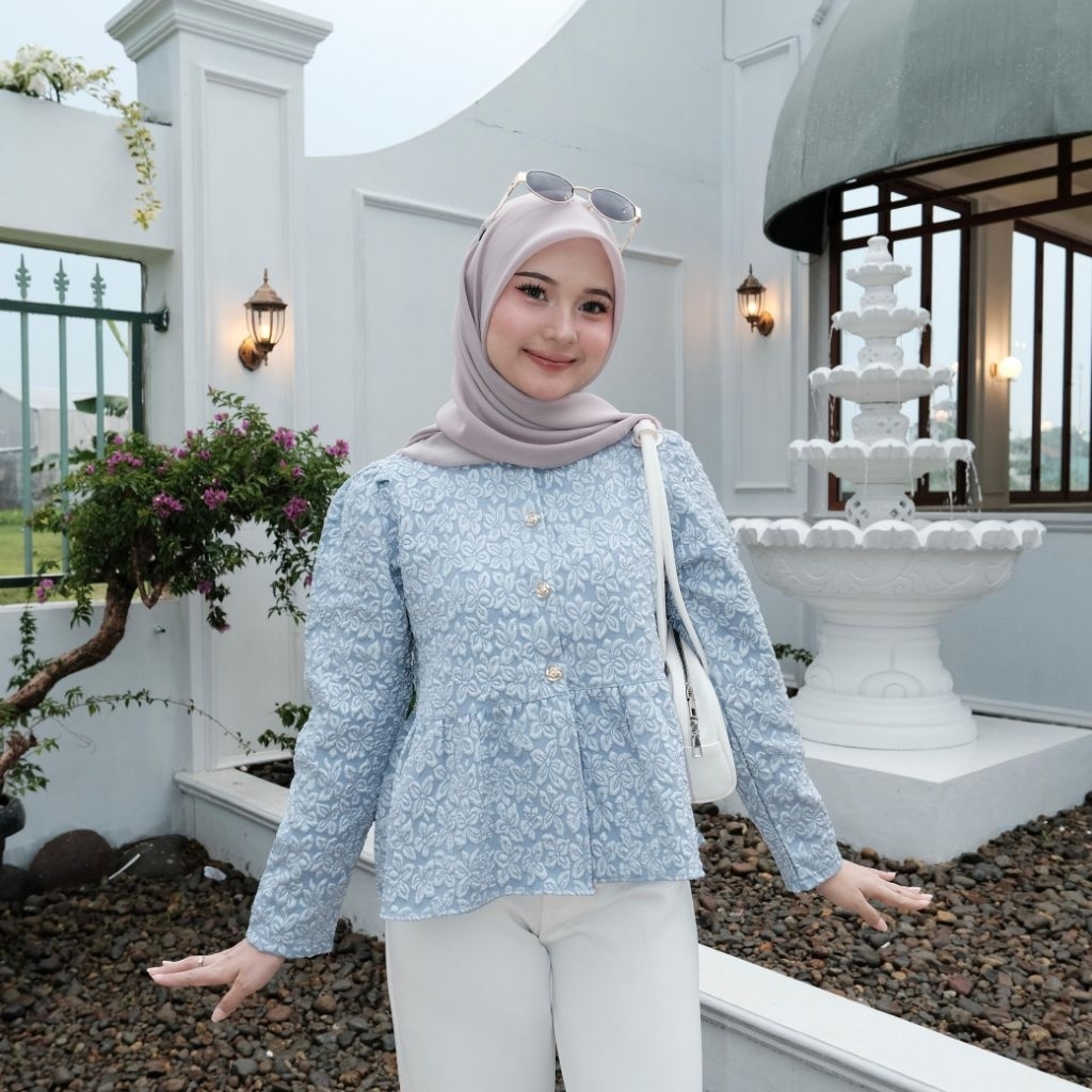 MLFN [READY] Kiana Blouse Peplum Lengan Panjang Motif Bunga Jacquard - Atasan Wanita Korean Style Ki