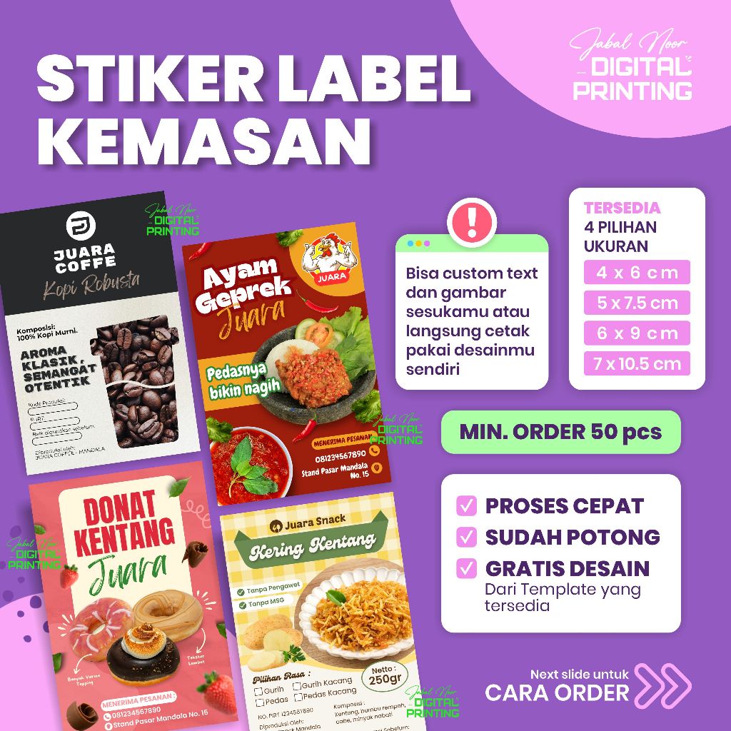 Stiker Label Kemasan Makanan & Minuman / Sticker Label Snack - Label Produk Donat, Kopi, Ayam Geprek