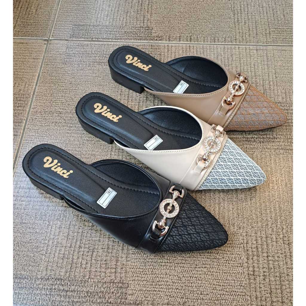 KDS | VNC Wanita Brand Lokal Sendal Mules Slip On Permata Sandal Selop Pesta Mewah Rajut Rantai