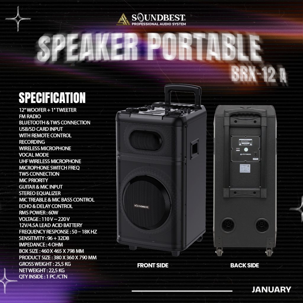 SOUNDBEST Speaker Portable BRX 12 A – switch frekuensi, 6-Band Equalizer, Portable | GARANSI RESMI – ORIGINAL
