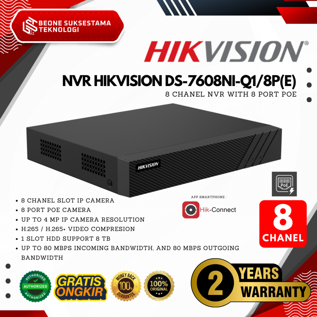 DS-7608NI-Q1/8P(E) - HIKVISION NVR 8 Chanel 7600 New Series Include POE