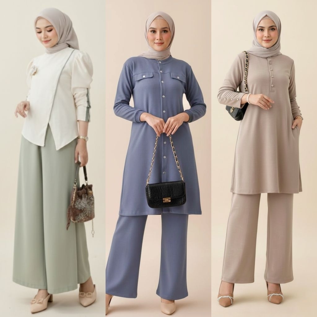 Clarke Setelan Knit Wanita Premium | Setelan Celana Kaos Murah Premium | One Set Polos Knit Kekinian