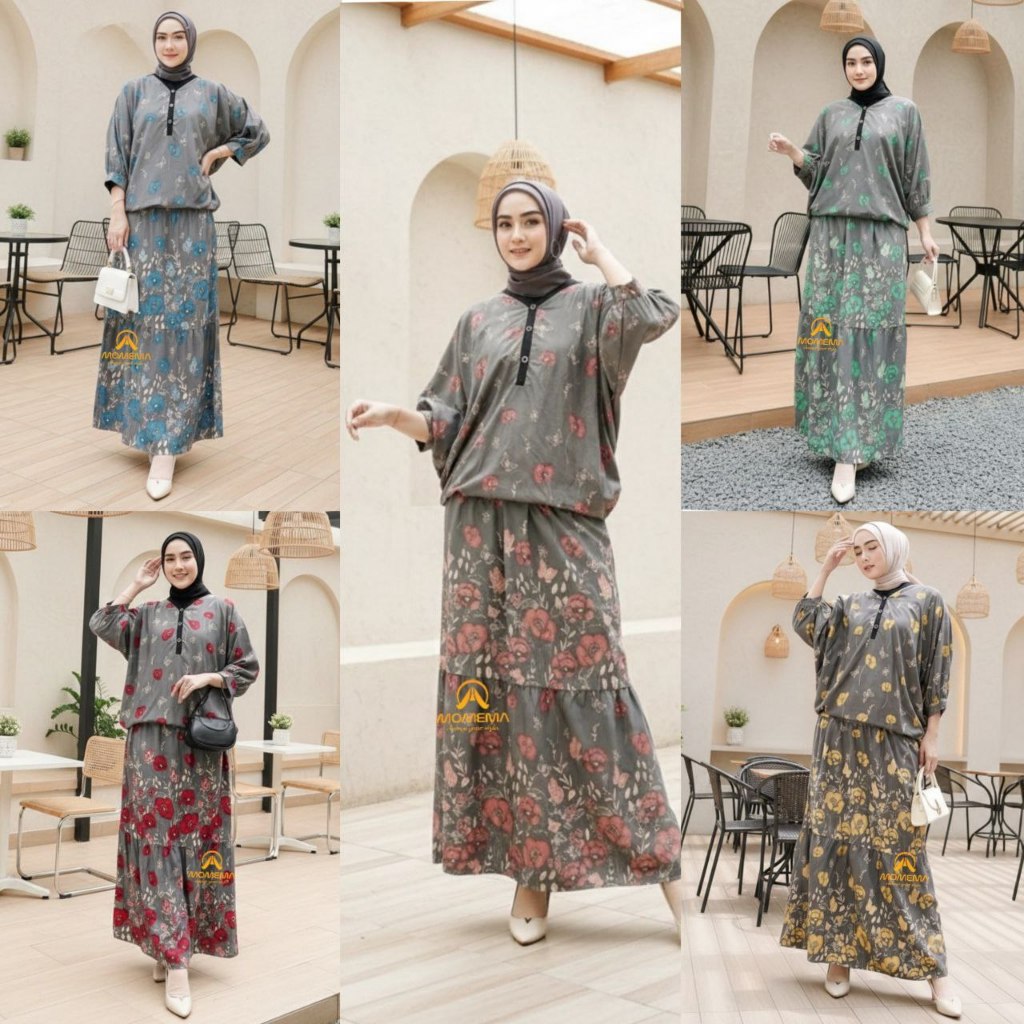 SETELAN WANITA RAYON MOTIF BUNGA AGHNIA SET ROK JUMBO BAJU SANTAI DAN FORMAL