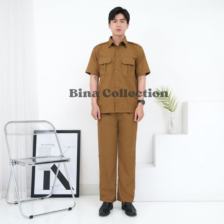 Seragam PNS Pemda Khaki Pria Lengan Pendek Seragam ASN Baju PDH Khaki Baju Guru Khaki Pria
