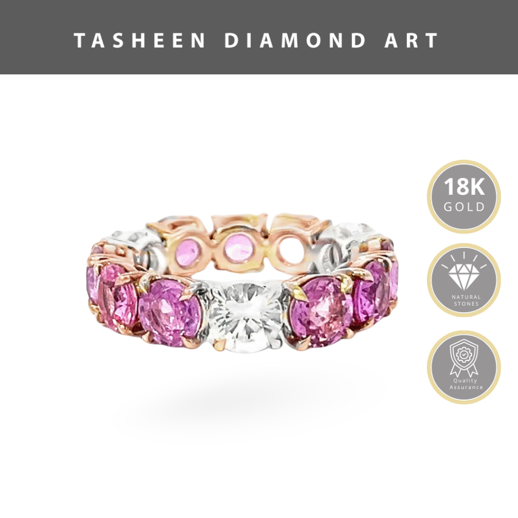 TDA Pink and White Sapphire Eternity Band Cincin Emas Batu Safir Asli Wanita