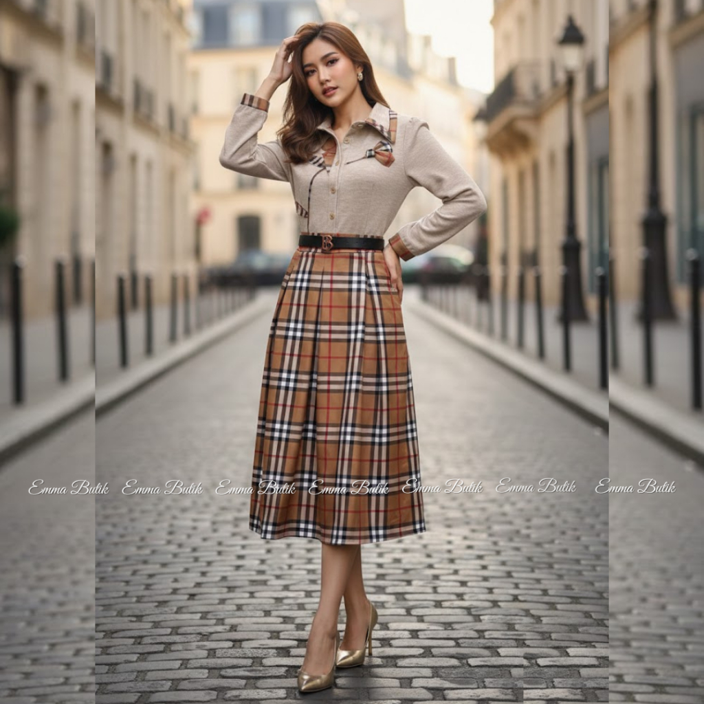 Emma.Butik E00712 Gaun Katun Casual Wanita Midi Dress Gereja Coklat Kotak-kotak Lengan Panjang Busui