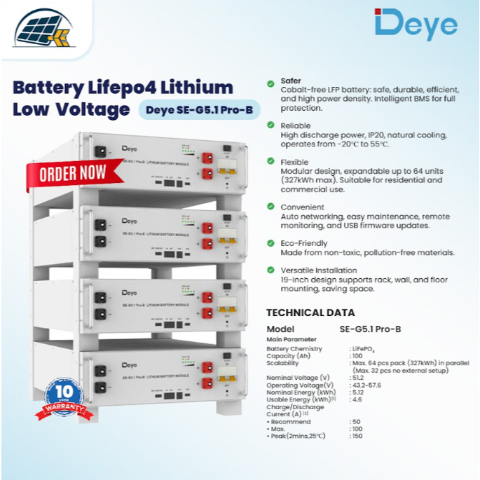 Deye Battery Baterai Lifepo4 PLTS 5.12 kWh