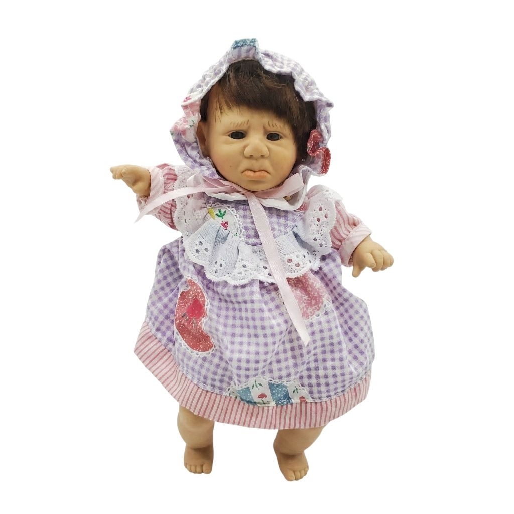 Vintage Gigo Expression Baby Doll 19cm Purple Gingham & Pink Stripe Dress Boneka Gigo