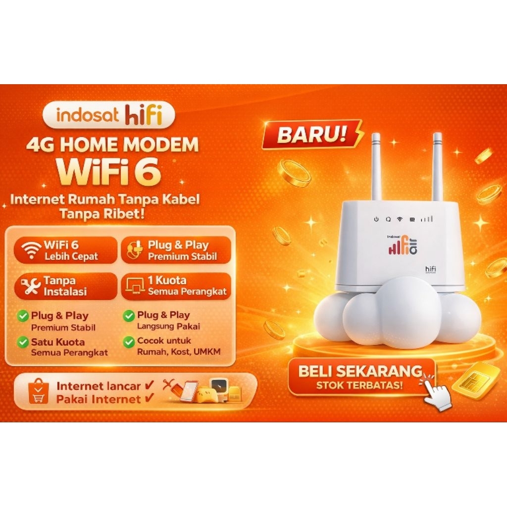 Indosat Tri HiFi 4G Home Modem WiFi Router WiFi 6 | Internet Rumah Tanpa Kabel Plug & Play