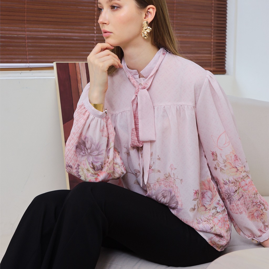 Valina Blouse Signature by Aurelia (French Floral Long Sleeved Ceruti Blouse with Loose Ruffled Fles