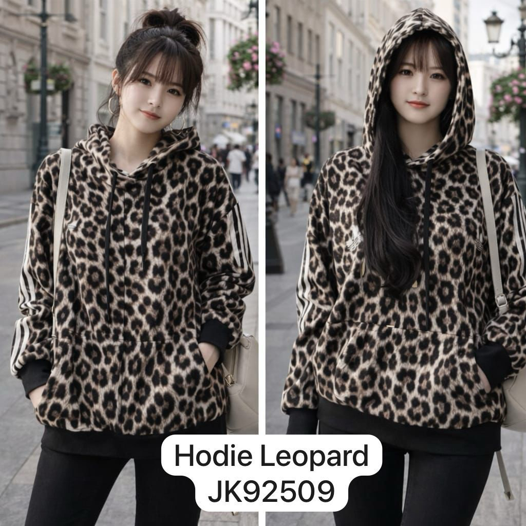 JIZEE-ATASAN WANITA - SWEATER HOODIE  LEOPARD OVERSIZE LADY