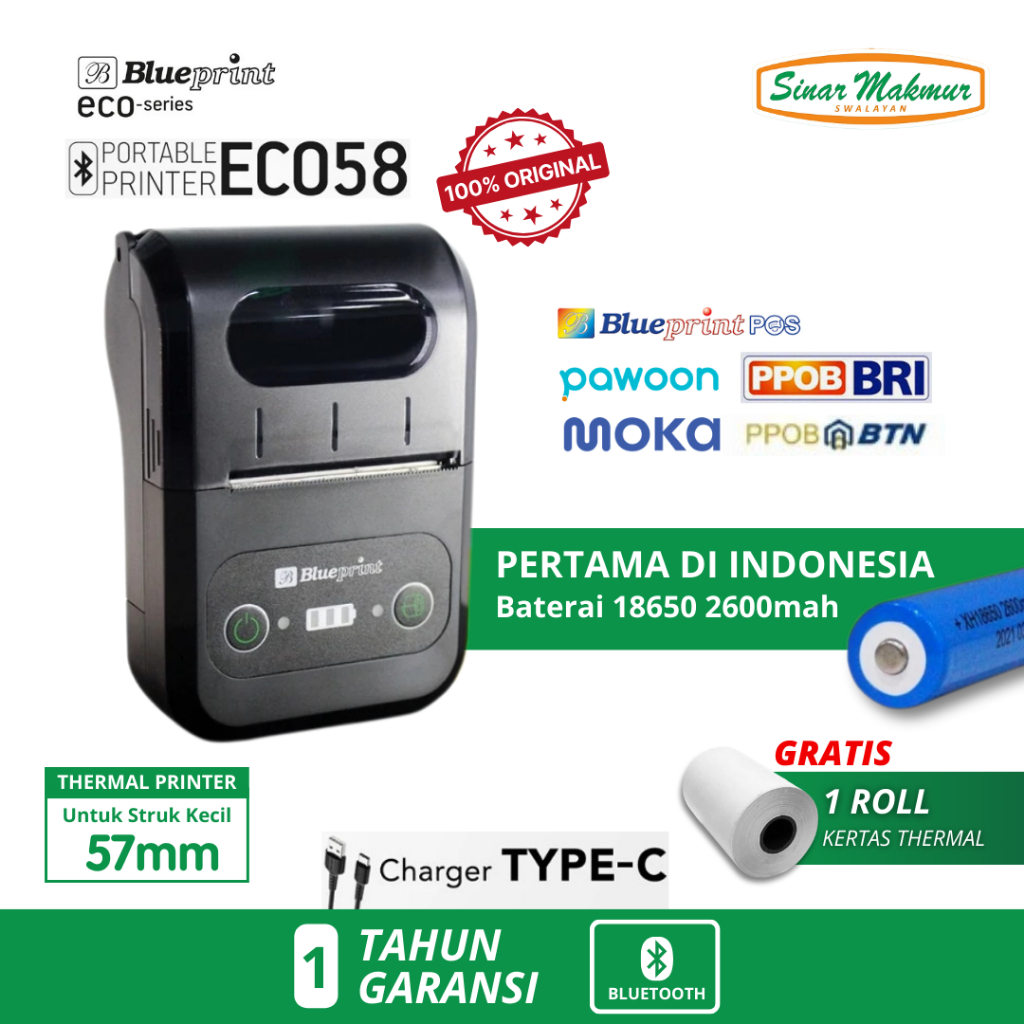 Printer Kasir Portabel Bluetooth Thermal Blueprint ECO58 - 58mm Kompatibel dengan Aplikasi Android