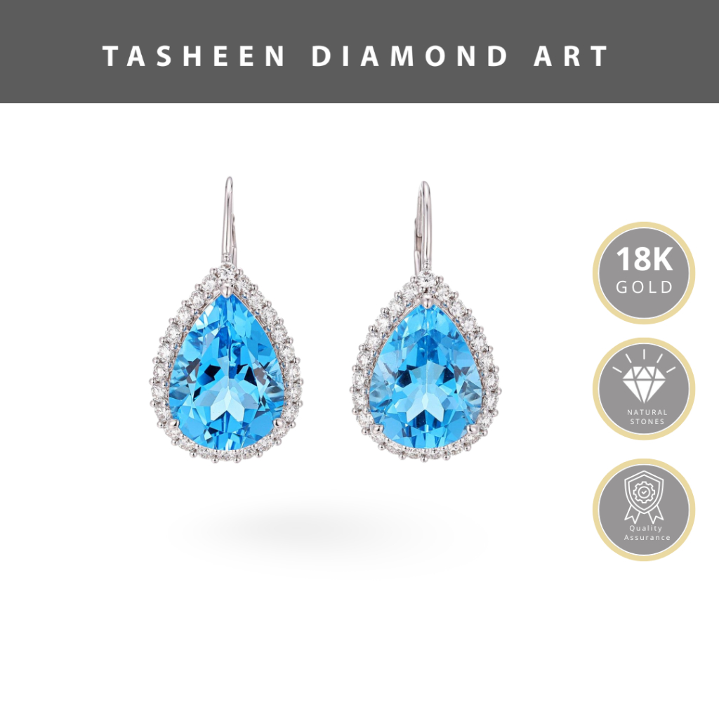 TDA Blue Topaz Dewdrop Dangling Earrings Anting Emas Batu Safir Asli Wanita