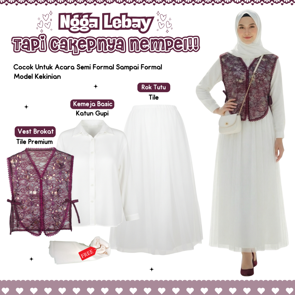 Outfit Kondangan Wanita (Vest Brokat + Kemeja + Rok Tutu) | 3in1 Set Outfit Wanita Kekinian | AS167