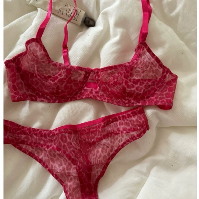 Leopard Bra Set Setelan BH Kawat dan CD Transparan Sexy Hot Thong Motif Macan Pink Tutul Fashion Bik