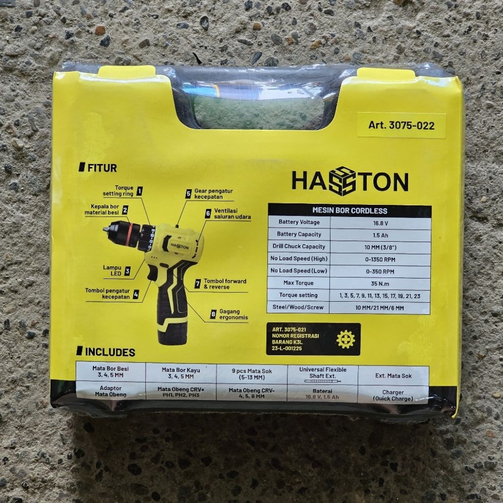 Cordless Drill 12 Volt Hasston (3075-022) / Bor Baterai 12 volt / Bor batre / bor cordless 2 baterai