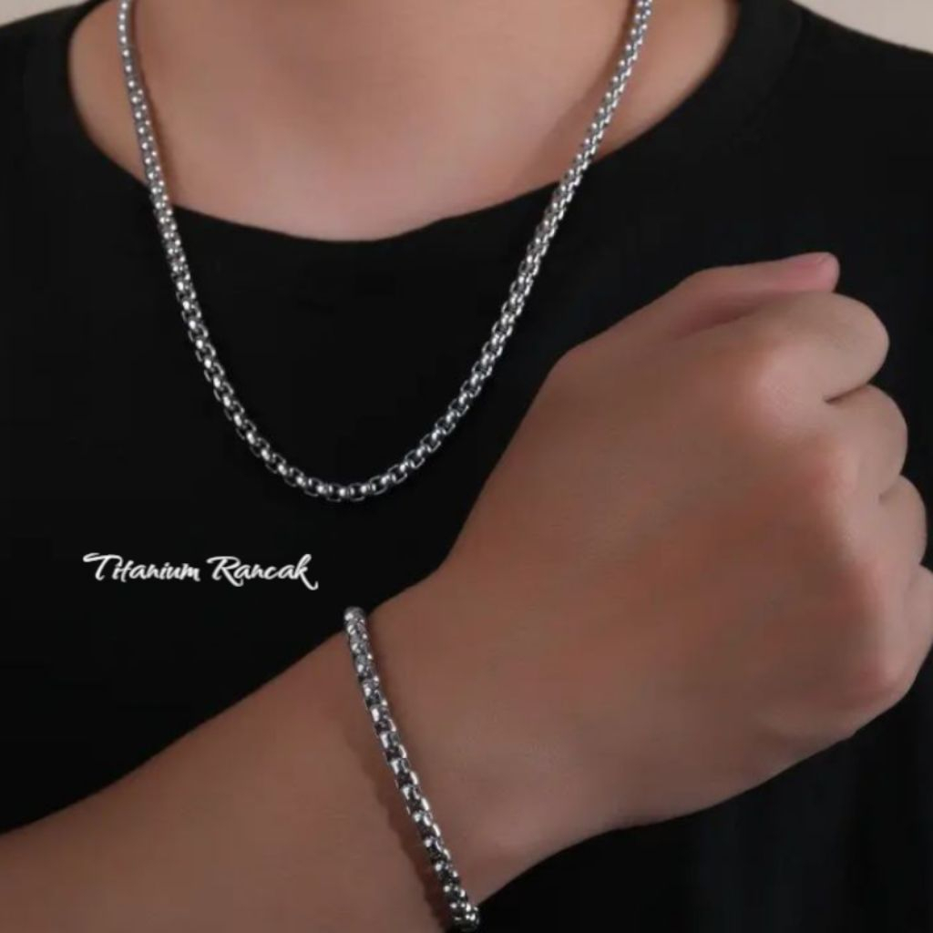 Aksesoris Pria Titanium R olo Silver – Kalung + Gelang Anti Karat Bisa COD