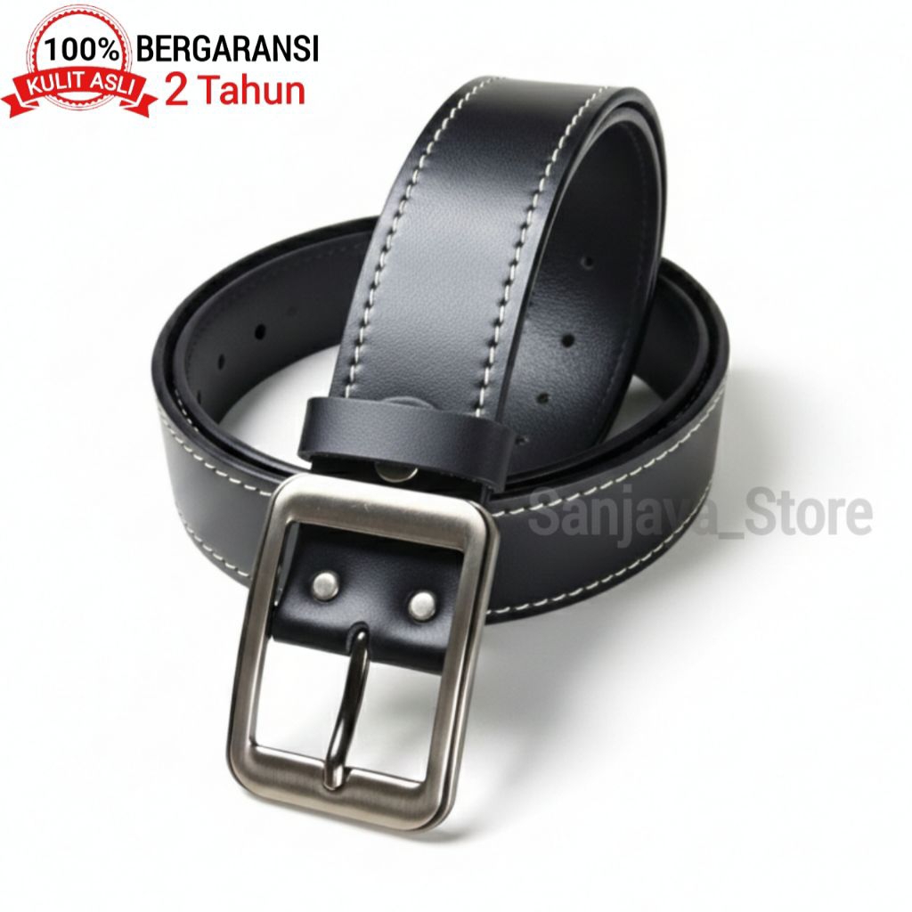 Sabuk Ikat Pinggang Kulit Pria Gesper Kulit Asli Belt Kulit Sapi Jahitan