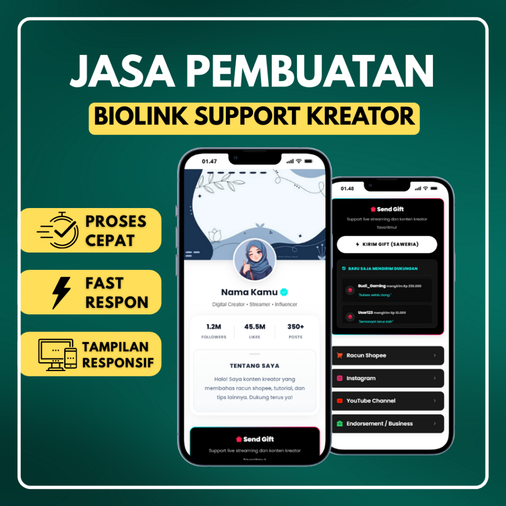 Jasa Pembuatan Biolink Kreator dengan Fitur Sawer | Jasa Biolink Kreator Pengerjaan cepat Harga Mura