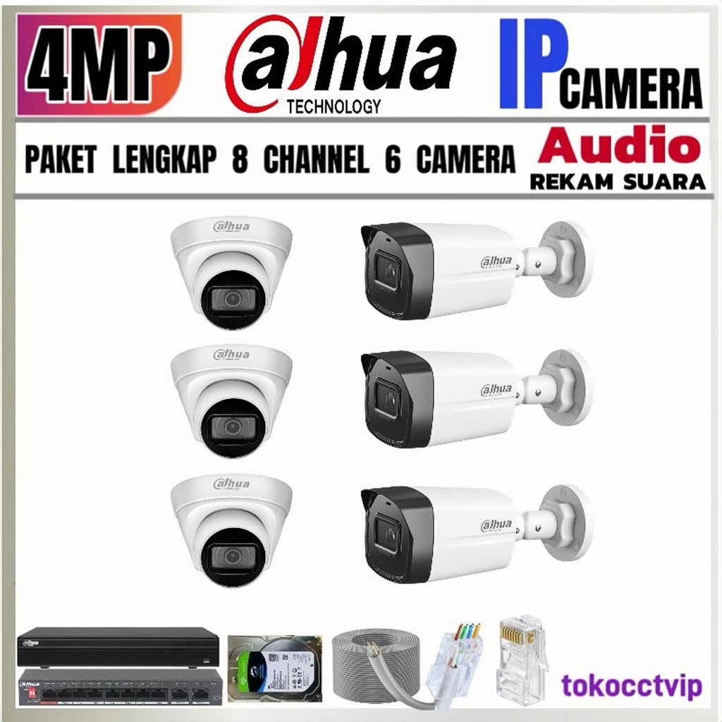 PAKET CCTV DAHUA  IP  KAMERA  4MP AUDIO  8 CH  6 KAMERA ( REKAM  SUARA ) KOMPLIT