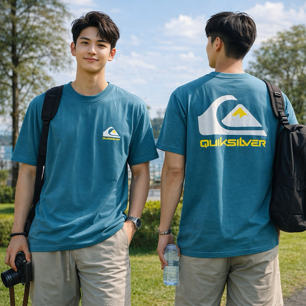 QUIKSILVER Original Kaos Pria Premium Cotton | T-Shirt Surf Casual Logo Depan Belakang Lengan Pendek