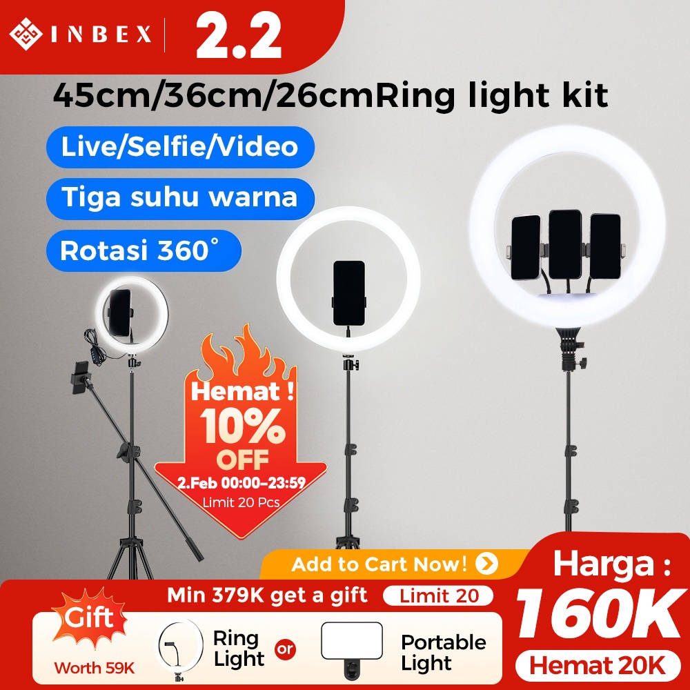 INBEX Ring Light Tripod Ukuran Besar 45cm/26cm Lampu Konten Kreator with 3 Holder HP Livestreaming L