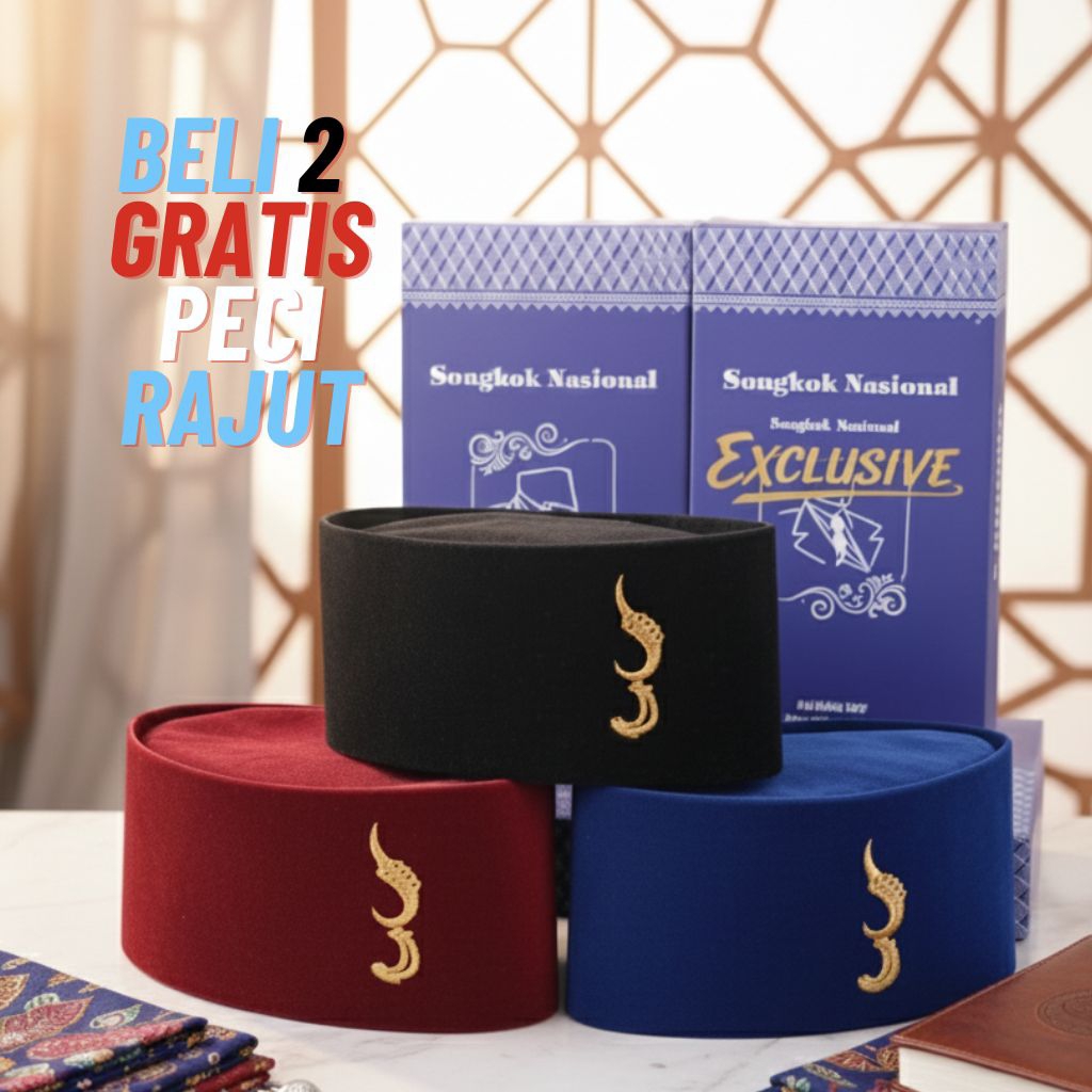 KOPIAH ANAK PECI DEWASA MUSLIM HITAM LOGO KUJANG EMAS BORDIR TINGGI 9 CM STANDAR