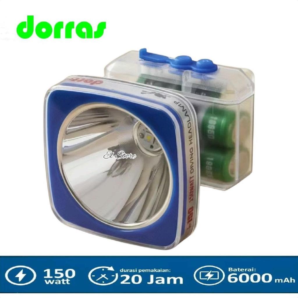Senter Kepala LED 150Watt Dorras DS-150 Cahaya Putih Waterproof Super Terang Batre 6000mAh