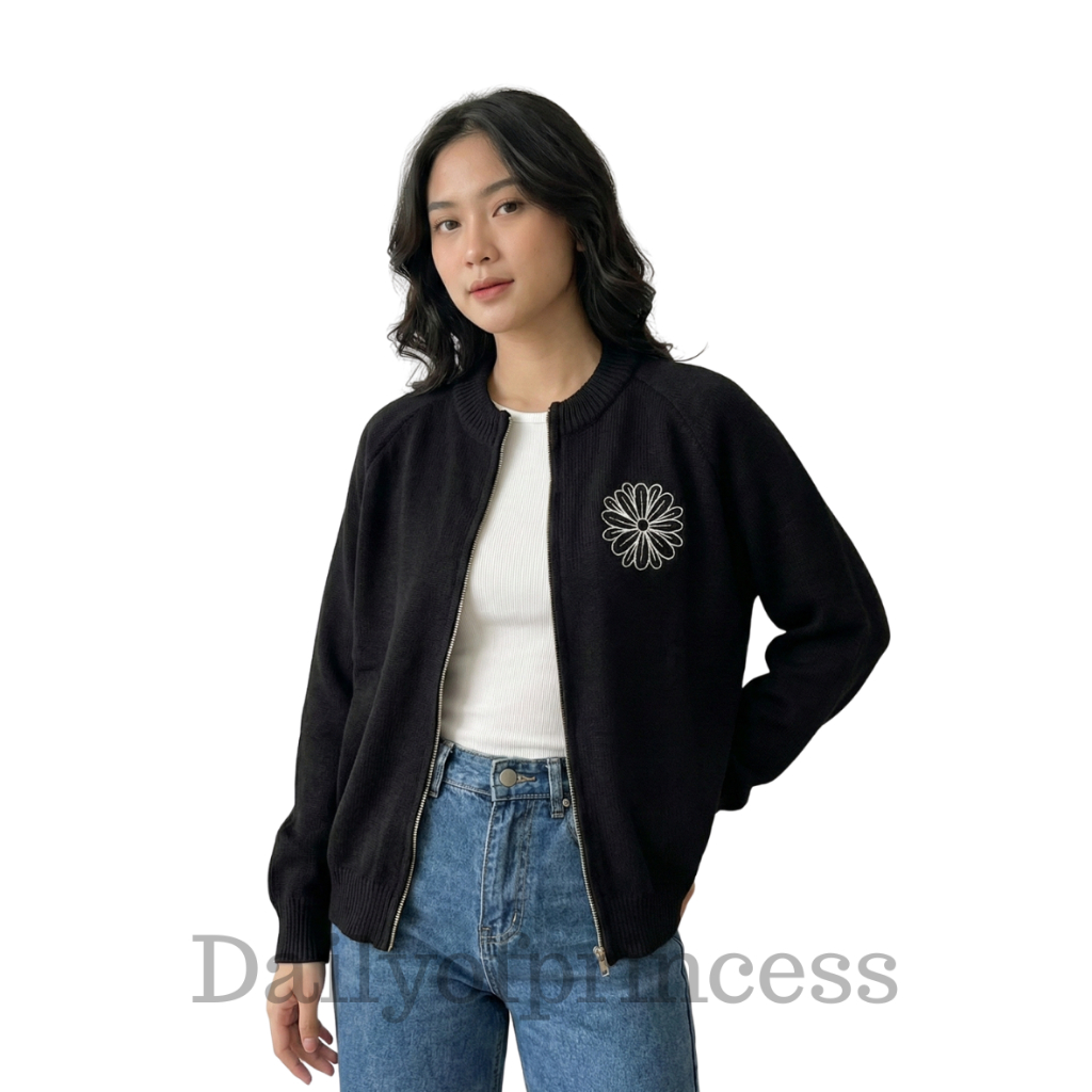 Dailyofprincess Flowa Jaket Rajut Wanita Resleting Aktif Rajut Bordir