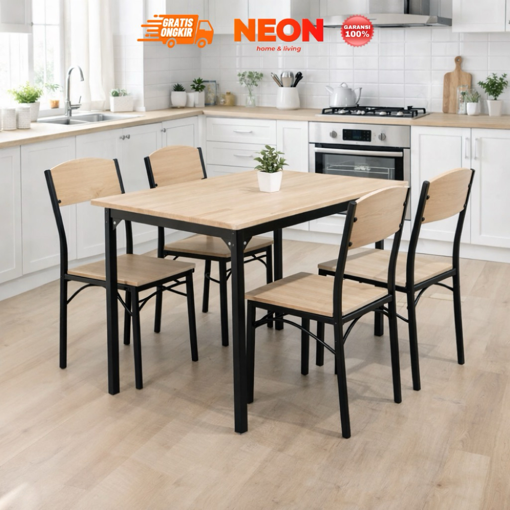 NEON Meja Makan Sarah | Meja Makan Besi Adjustable 4 Kursi Minimalis