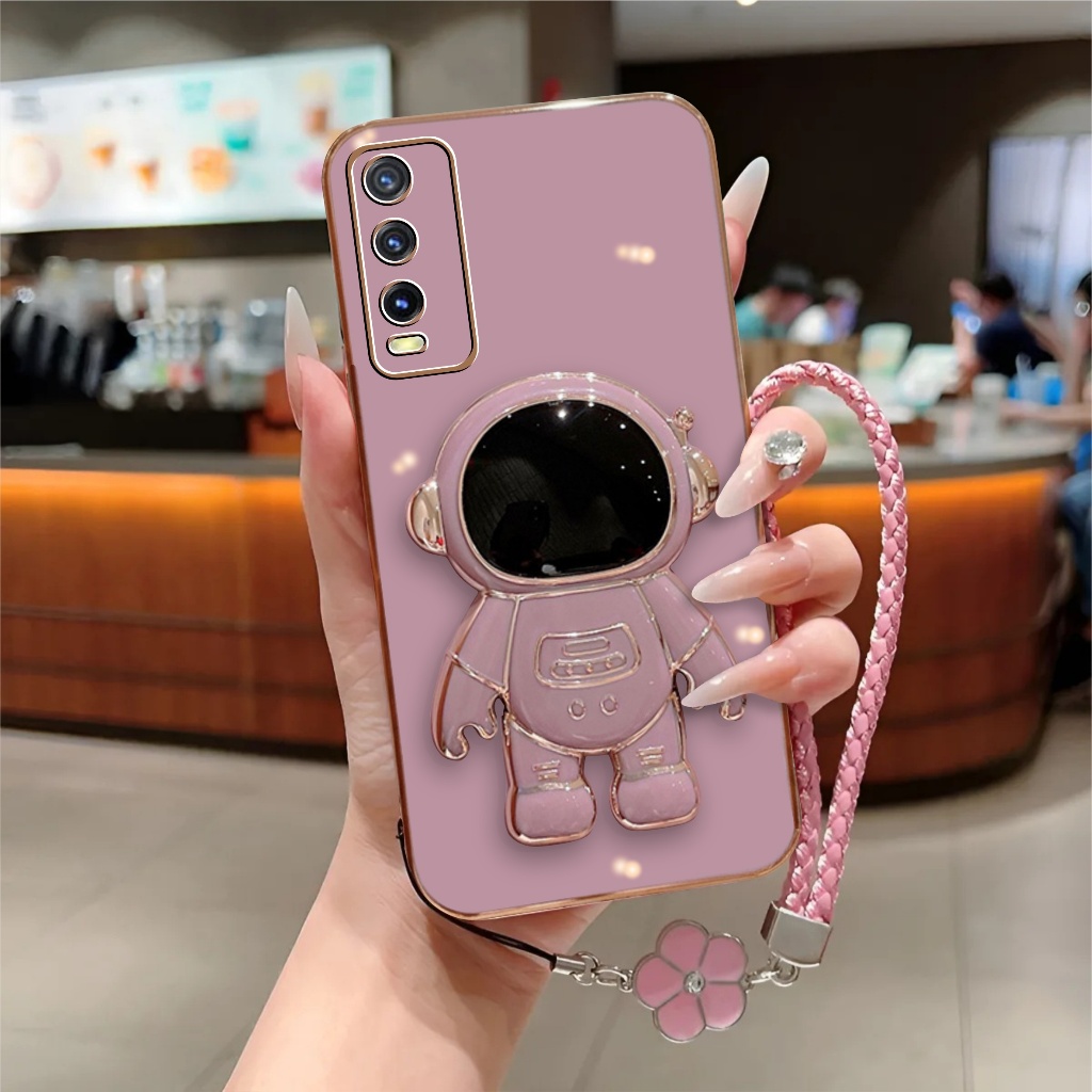 Soft Case Vivo Y20 Y20s Y12s Y20a Luxury Plating Astronot Holder Free Tali Bunga Lanyard Premium