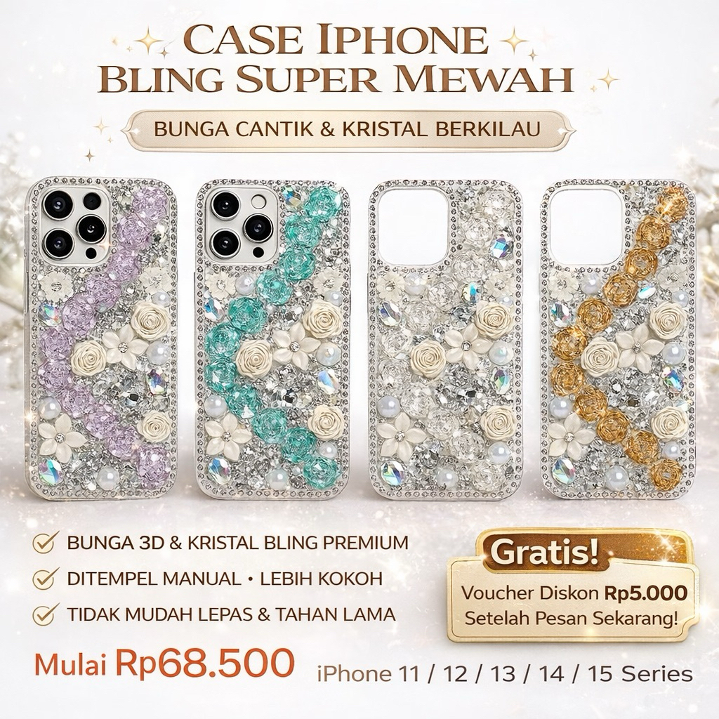 R-JUST LUXURY FLOWER 3D BLING CASE CEWEK BUNGA MEWAH CASING IPHONE 11 12 13 14 15  PLUS PRO PRO MAX