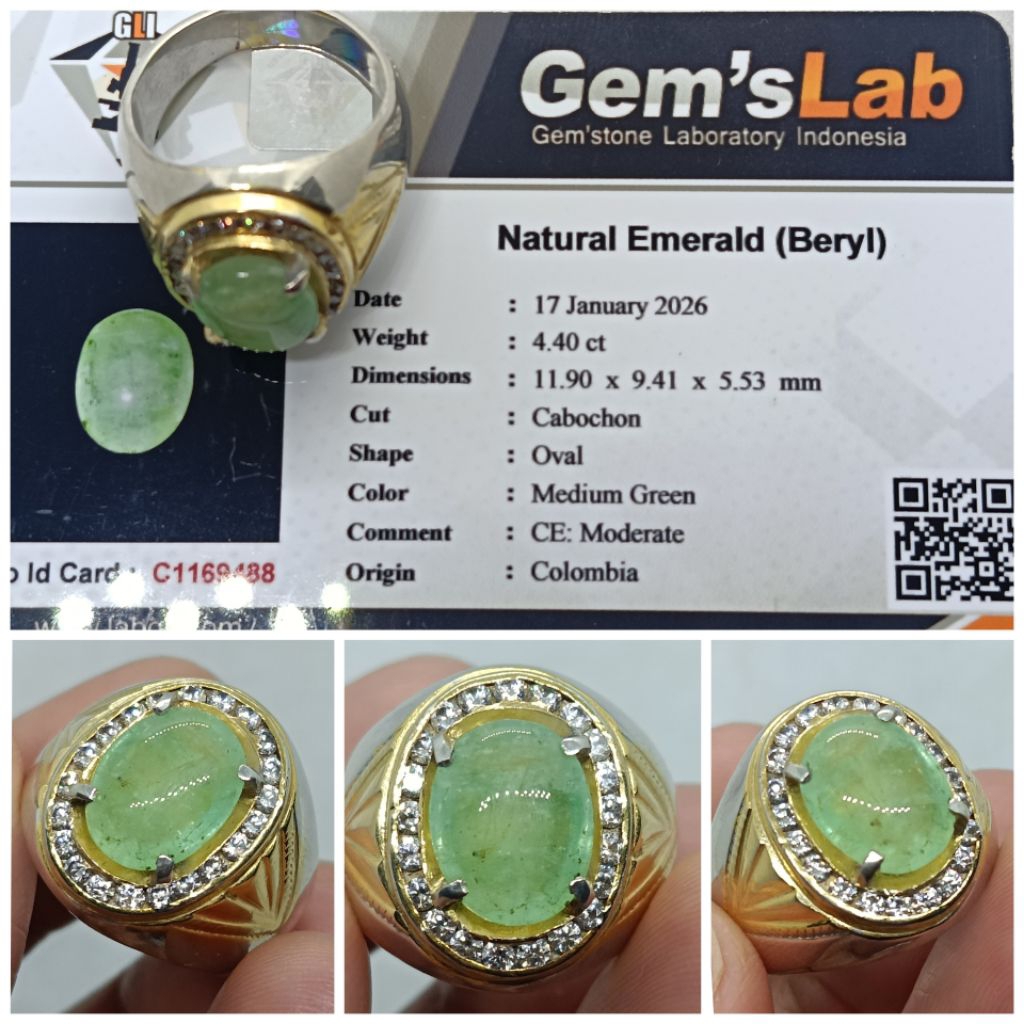 Natural Emerald Beryl Colombia Oval Cab 4,4ct memo GLI Zamrud Columbia Top Kristal Ring Perak Mewah