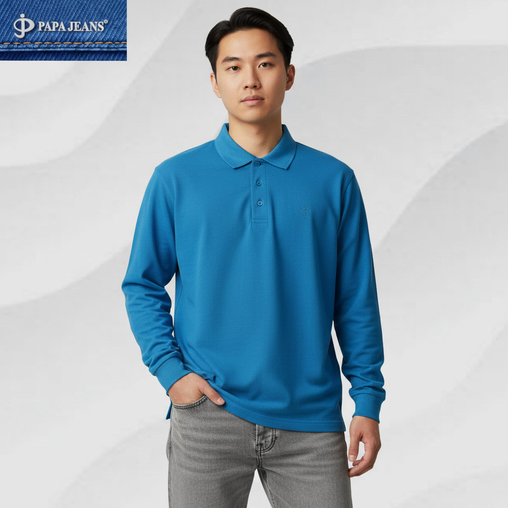 Papa Jeans Kaos Kerah Polo Shirt Lengan Panjang Biru Turkis